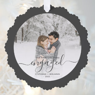 First Christmas Engaged Custom Photo Grey Script Ornament Card