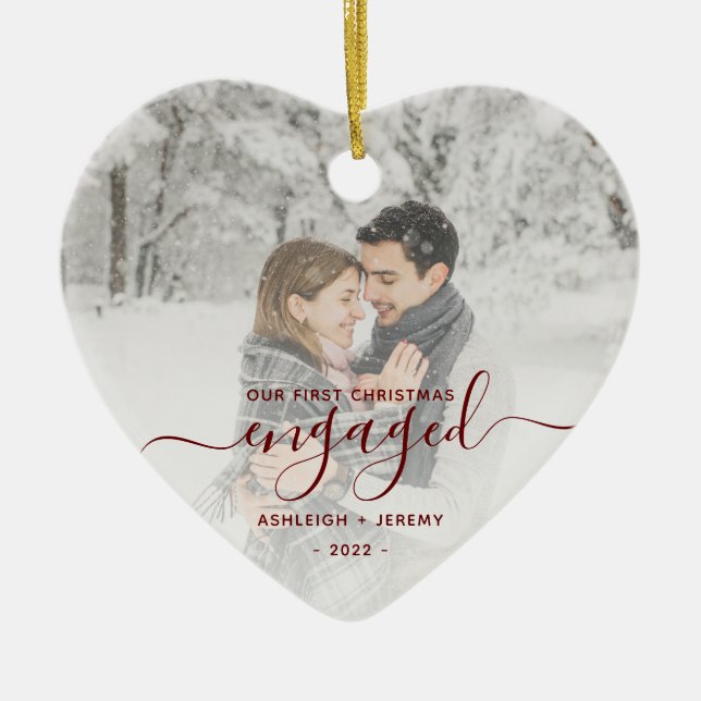 First Christmas Engaged Custom Photo Red Script Ceramic Ornament (Front)