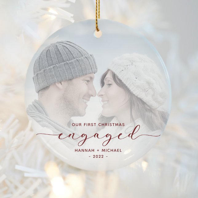 First Christmas Engaged Custom Photo Red Script Ceramic Ornament (Creator Uploaded)