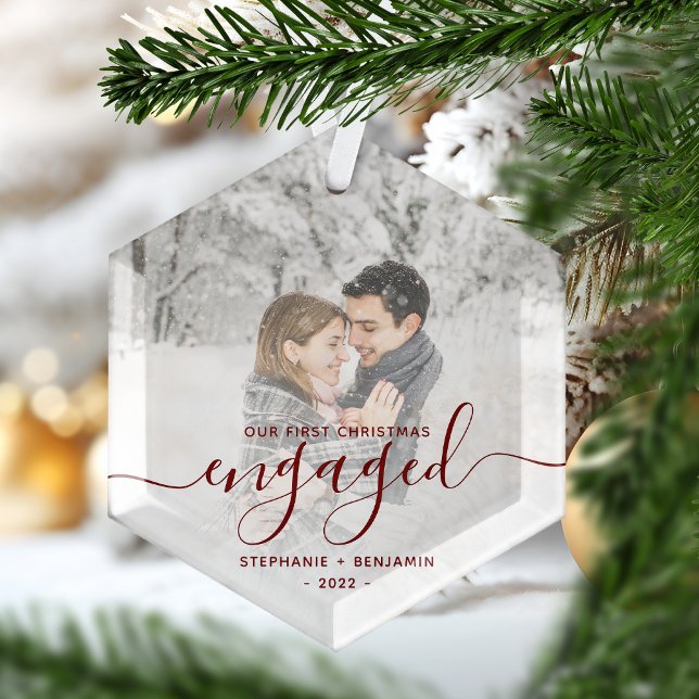 First Christmas Engaged Custom Photo Red Script Glass Ornament (Creator Uploaded)
