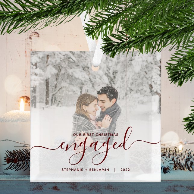 First Christmas Engaged Custom Photo Red Script Glass Ornament (Creator Uploaded)