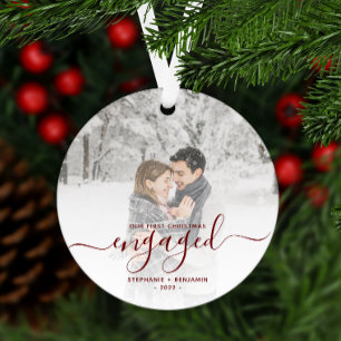 First Christmas Engaged Custom Photo Red Script Metal Ornament
