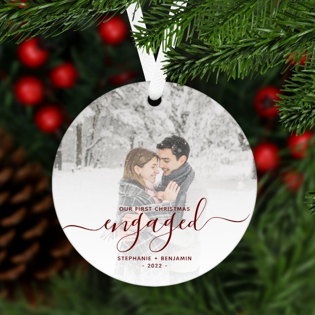 First Christmas Engaged Custom Photo Red Script Metal Ornament (Creator Uploaded)