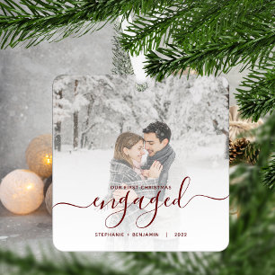 First Christmas Engaged Custom Photo Red Script Metal Ornament