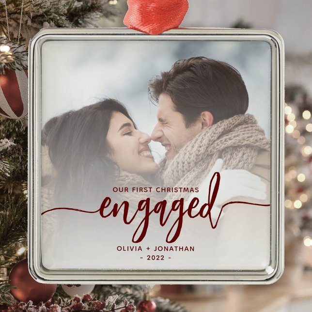 First Christmas Engaged Custom Photo Red Script Metal Ornament (Creator Uploaded)