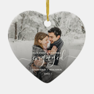 First Christmas Engaged Custom Photo White Script Ceramic Ornament