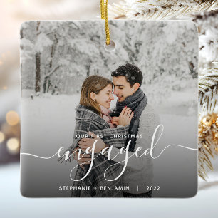 First Christmas Engaged Custom Photo White Script Ceramic Ornament