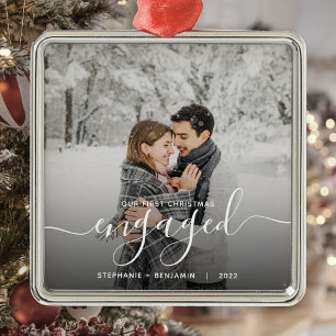 First Christmas Engaged Custom Photo White Script Metal Ornament