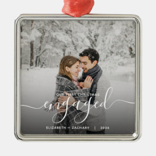 First Christmas Engaged Custom Photo White Script Metal Ornament