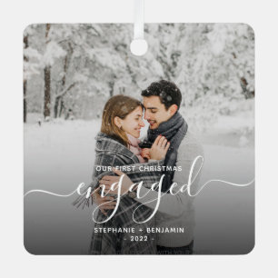 First Christmas Engaged Custom Photo White Script Metal Ornament