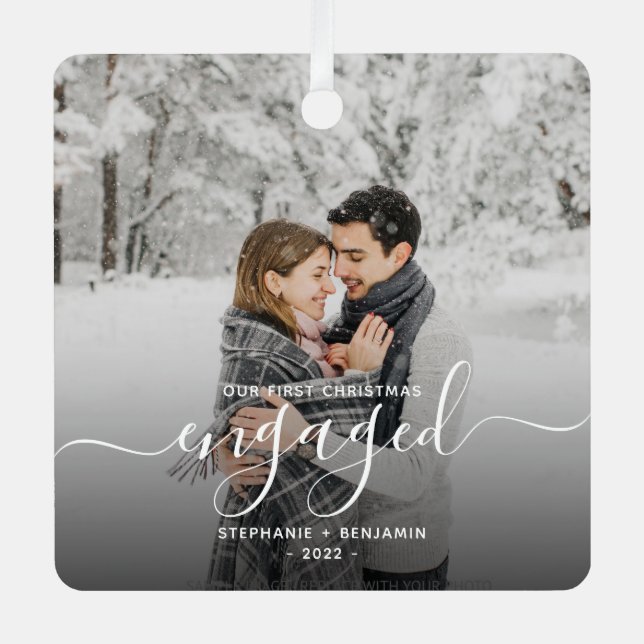 First Christmas Engaged Custom Photo White Script Metal Ornament (Front)