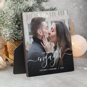First Christmas Engaged Custom Photo White Script Plaque