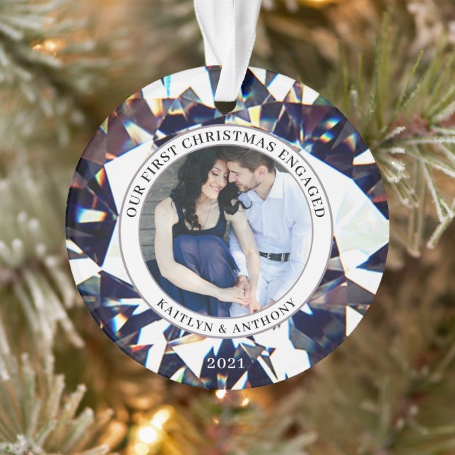 FIRST CHRISTMAS ENGAGED Diamond 2 Photo Ceramic Or Ornament (Tree)