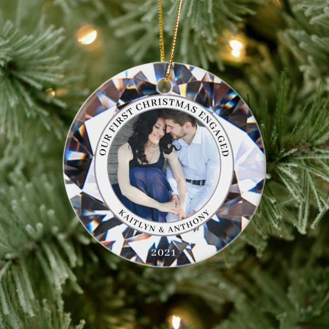 FIRST CHRISTMAS ENGAGED Diamond 2 Photo Ceramic Ornament (Tree)