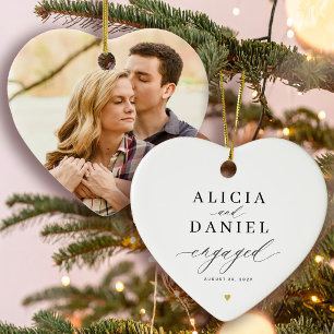 First Christmas engaged engagement photo heart Ceramic Ornament