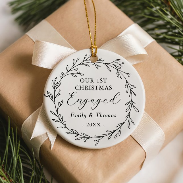 First Christmas Engaged Floral Botanical Wreath Ceramic Ornament (Creator Uploaded)