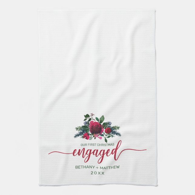 First Christmas Engaged Floral Red Rose Kitchen Towel (Vertical)