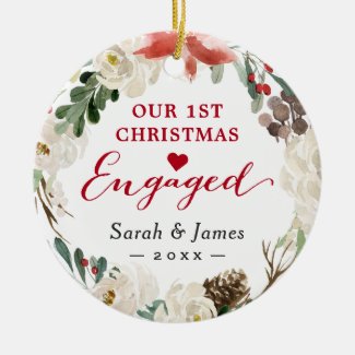 First Christmas Engaged Floral Wreath Photo Ceramic Ornament