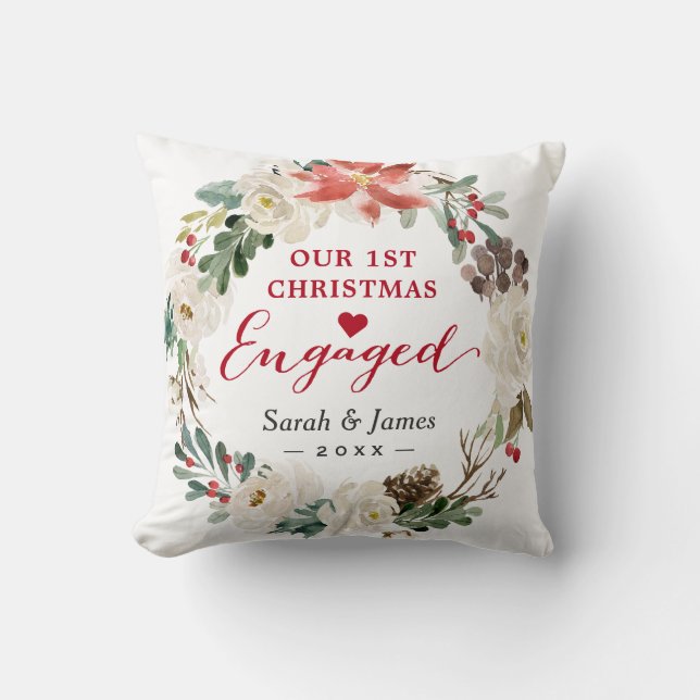 First Christmas Engaged Floral Wreath Photo Throw Pillow (Front)