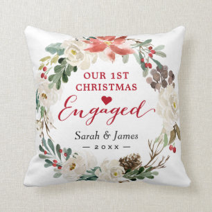 First Christmas Engaged Floral Wreath Photo Throw Pillow