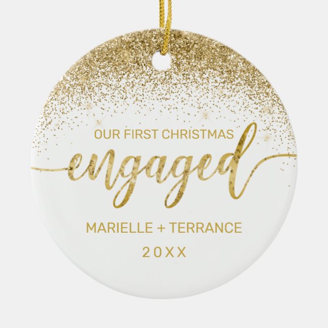 First Christmas Engaged Gold Glitter Script Photo Ceramic Ornament (Front)