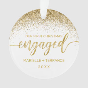 First Christmas Engaged Gold Glitter Script Photo Ornament