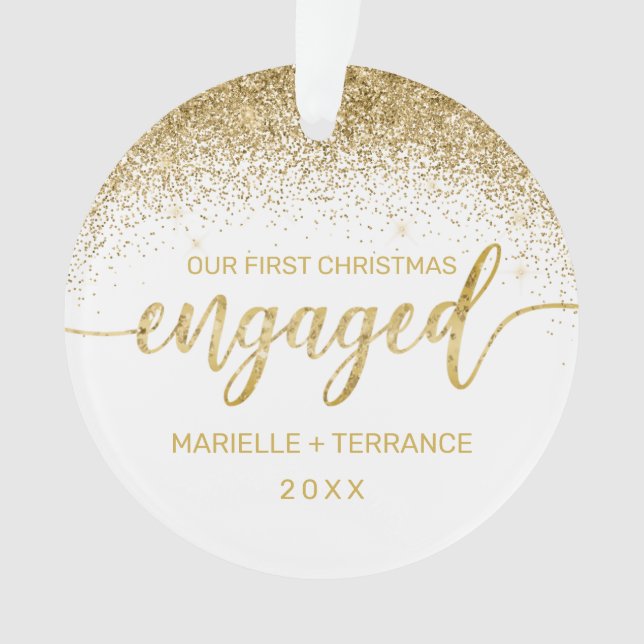 First Christmas Engaged Gold Glitter Script Photo Ornament (Front)