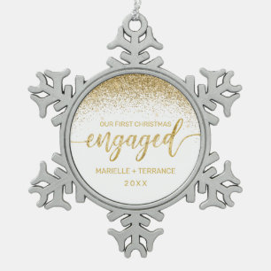 First Christmas Engaged Gold Glitter Script Snowflake Pewter Christmas Ornament