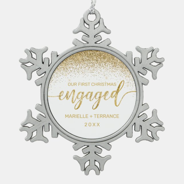 First Christmas Engaged Gold Glitter Script Snowflake Pewter Christmas Ornament (Front)