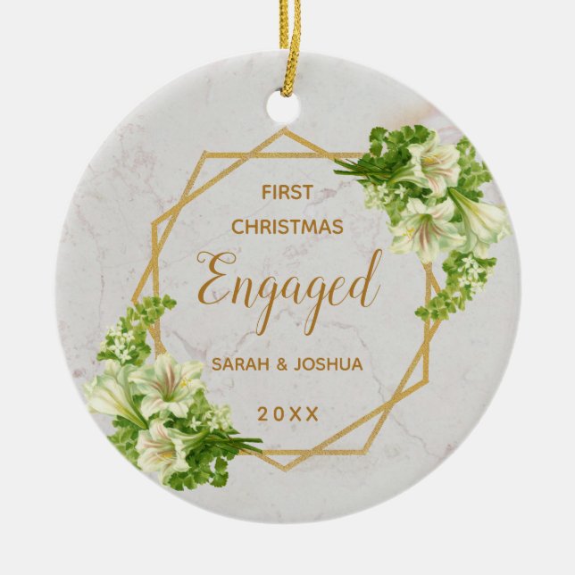 First Christmas Engaged Gold Marble White Lilies Ceramic Ornament (Front)