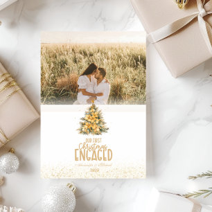 First Christmas Engaged gold photo Holiday Card