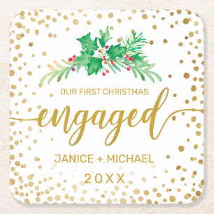 First Christmas Engaged Gold Script Holly Monogram Square Paper Coaster