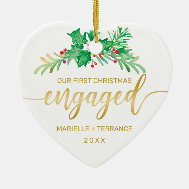 First Christmas Engaged Holly Gold Script Photo Ceramic Ornament (Front)