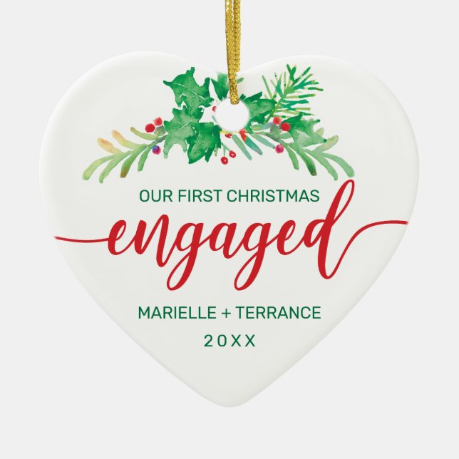 First Christmas Engaged Holly Red Script Photo Ceramic Ornament (Front)