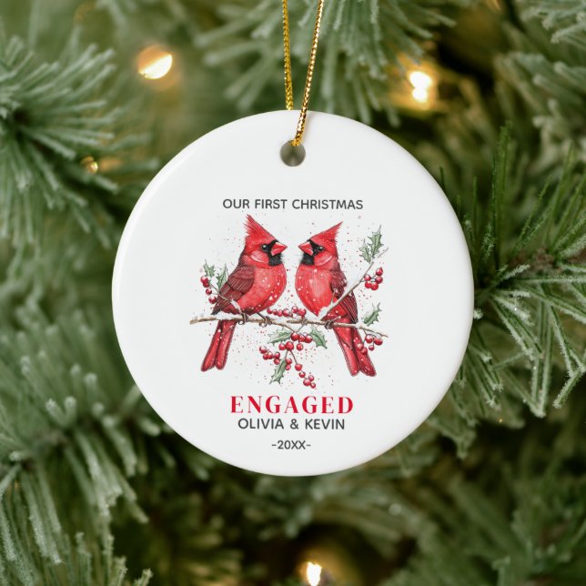 First Christmas engaged married red cardinals Ceramic Ornament (Tree)