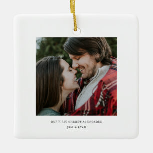 First Christmas Engaged Minimal Engagement Photo Ceramic Ornament