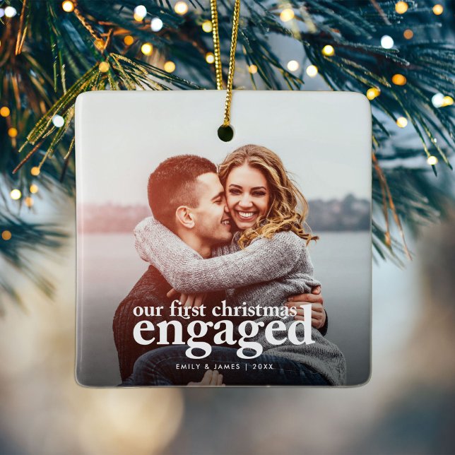 First Christmas Engaged | Minimal Engagement Photo Ceramic Ornament (Creator Uploaded)