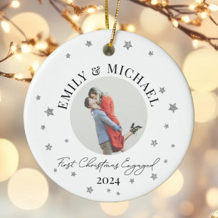 First Christmas Engaged Minimal Stars Photo Ceramic Ornament