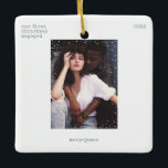 First Christmas Engaged | Minimal Typewriter Photo Ceramic Ornament<br><div class="desc">Easily personalize this minimal and stylish sage green holiday Christmas tree ceramic ornament featuring typewriter grunge typography and a clean, simple and minimalist white snowfall frame. Add your photo, names, custom text and Christmas year. A cool, simple, sophisticated and contemporary Christmas design in organic and environmentally friendly sage green colour,...</div>