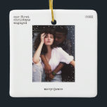 First Christmas Engaged | Minimal Typewriter Photo Ceramic Ornament<br><div class="desc">Easily personalize this minimal and stylish holiday Christmas tree ceramic ornament featuring typewriter grunge typography and a clean, simple and minimalist white snowfall frame. Add your photo, names, custom text and Christmas year. A cool, simple, sophisticated and contemporary Christmas design in modern black and white colours, customizable in any colour...</div>