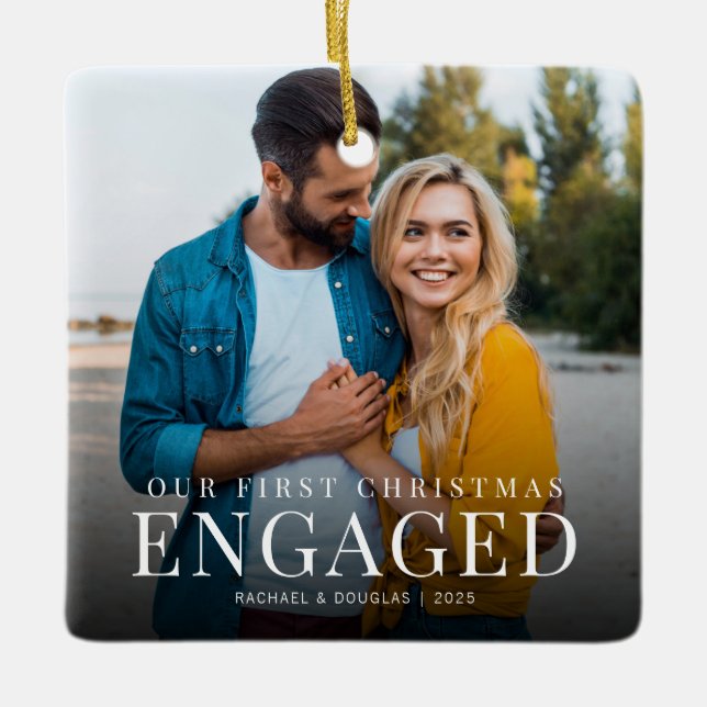First Christmas Engaged | Minimalist Photo Custom Ceramic Ornament (Front)