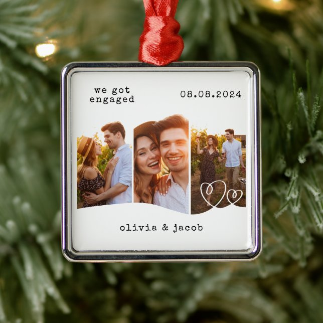 First Christmas Engaged Minimalist Photo Metal Ornament (Tree)
