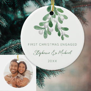 First Christmas Engaged Mistletoe Photo Ceramic Ornament