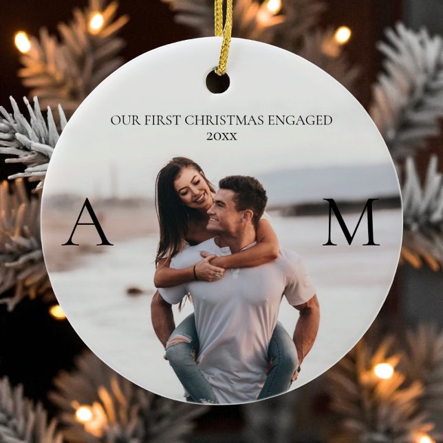 First Christmas Engaged Modern Couple 2 Photo Ceramic Ornament (First Christmas Engaged Modern Couple 2 Photo Ceramic Ornament)