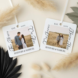 First Christmas Engaged Modern Couples Photo Metal Ornament