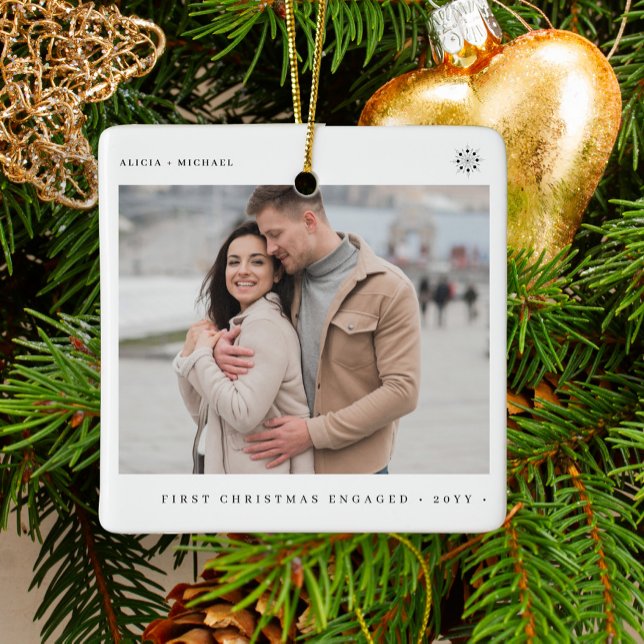First Christmas engaged modern engagement photo Ceramic Ornament (Creator Uploaded)