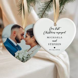 First Christmas Engaged Modern Minimalist Photo Ceramic Ornament