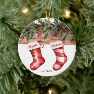 First Christmas Engaged Name Stocking with Photo  Ceramic Ornament