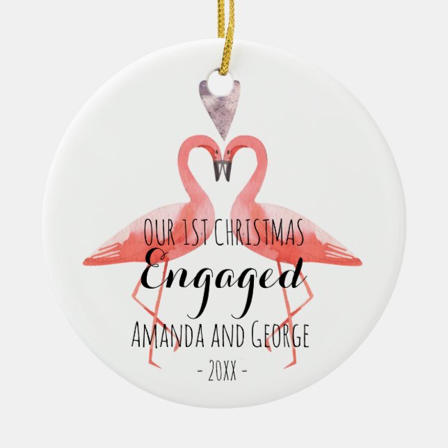 First Christmas engaged or married flamingos Ceramic Ornament (Front)