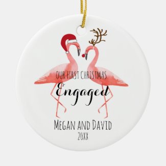First Christmas Engaged or married funny flamingos Ceramic Ornament